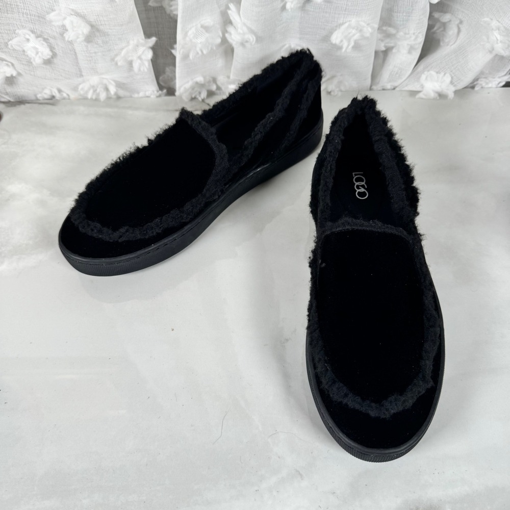 LOGO Libby Black Velvet Loafers Faux Fur Trim Slip On Comfort Casual Lounge‎ 8M